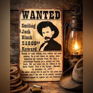 Wanted Smiling Jack Black Metal Sign Western Outlaw Decor 10x16 Ohio Wholesale